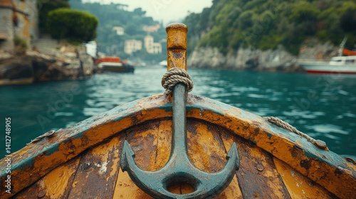 Wooden boat anchor calm water travel