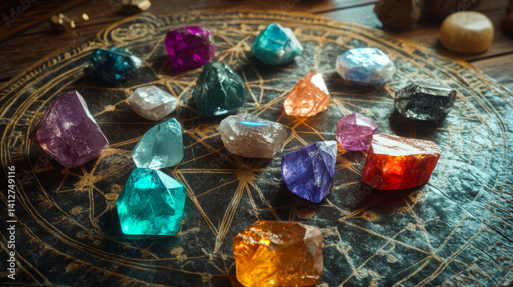 Set of healing chakra mineral stones for crystal healing. Natural Colourful stones for cleansing environment from negative energy, adding positive vibes. Spriritual practices background