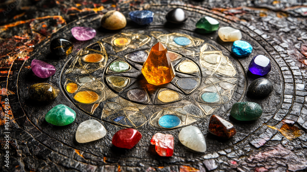 Set of healing chakra mineral stones for crystal healing. Natural Colourful stones for cleansing environment from negative energy, adding positive vibes. Spriritual practices background