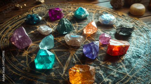 Obraz na płótnie Set of healing chakra mineral stones for crystal healing. Natural Colourful stones for cleansing environment from negative energy, adding positive vibes. Spriritual practices background w salonie
