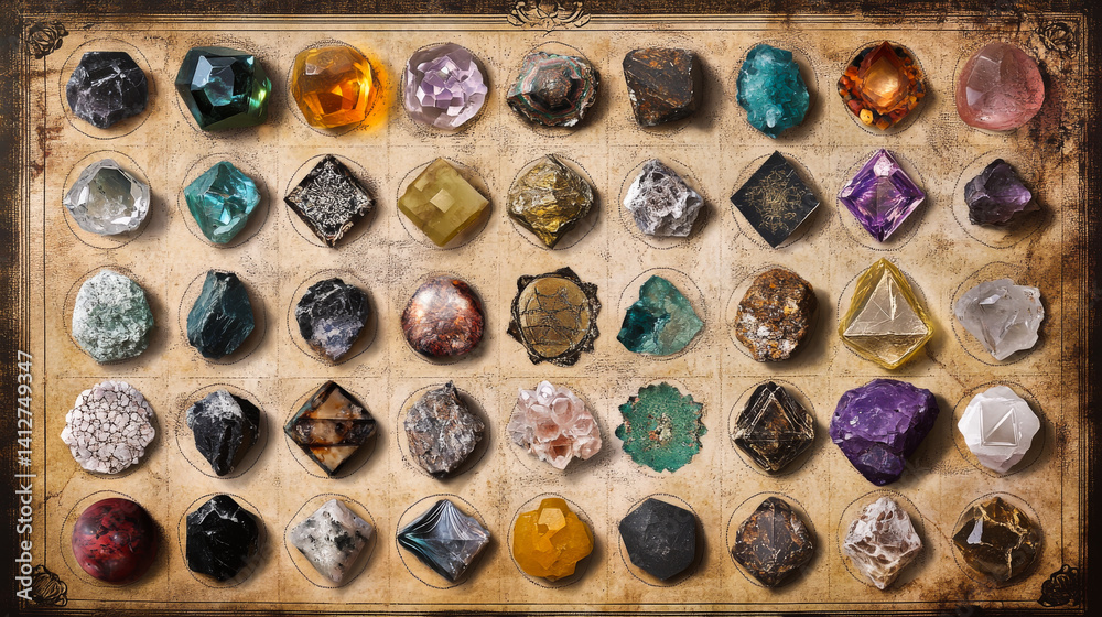 Set of healing chakra mineral stones for crystal healing. Natural Colourful stones for cleansing environment from negative energy, adding positive vibes. Spriritual practices flat lay