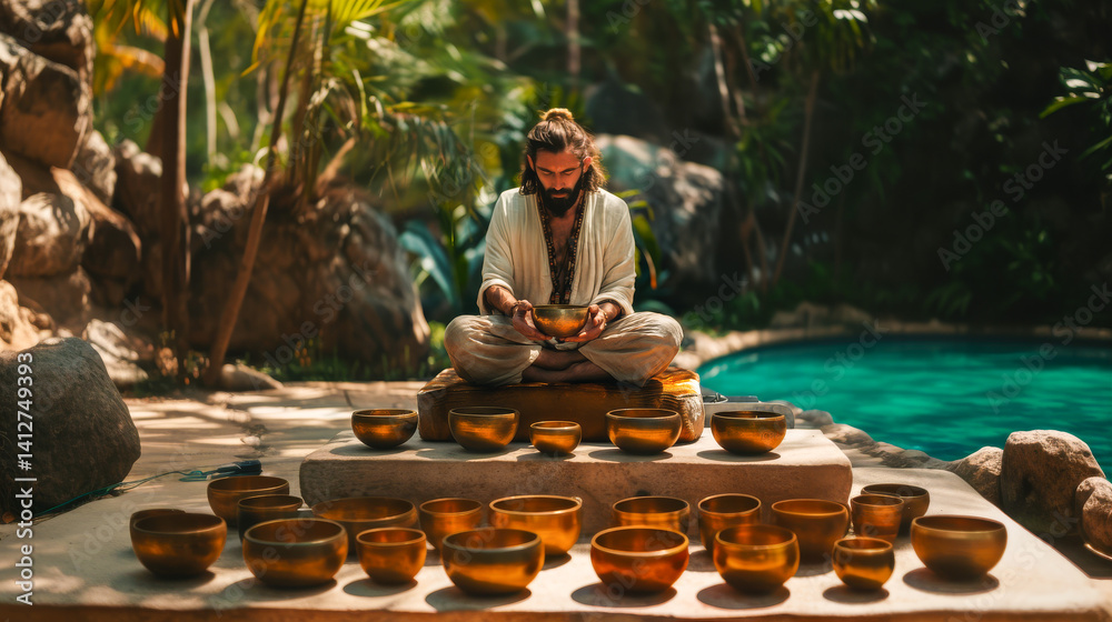 Man playing on Tibetan singing bowl in authentic light. Sound therapy and recreation at spa salon. Meditation singing as healthy lifestyle