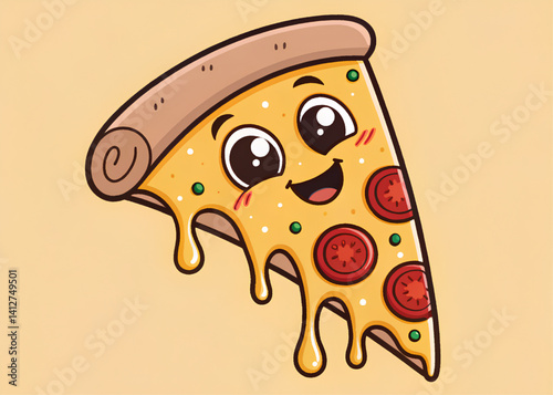 Cute Cartoon Pizza Slice Vector with Smiling Face and Dripping Cheese