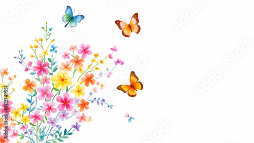 Vibrant Watercolor Floral Bouquet with Dancing Butterflies