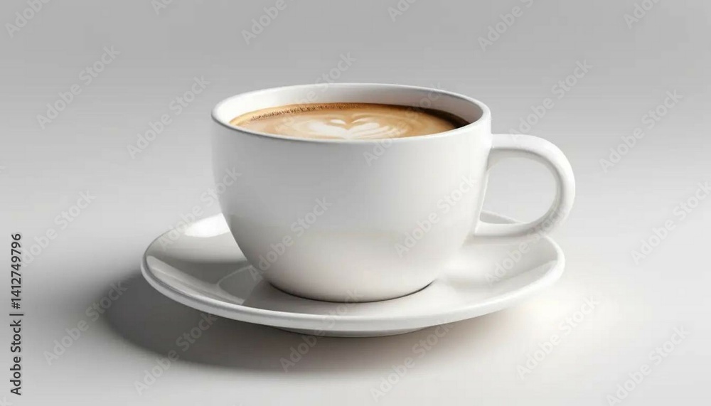 Creamy Coffee in White Ceramic Cup and Saucer, Minimalist Still Life. Creamy Coffee in White Ceramic Cup and Saucer, Minimalist Still Life.