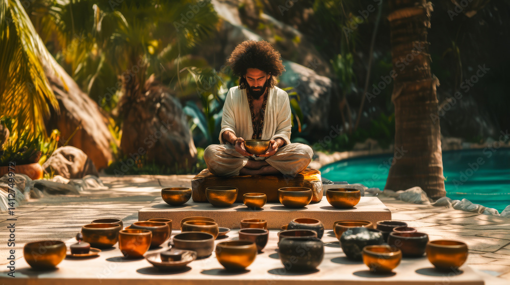 Man playing on Tibetan singing bowl in authentic light. Sound therapy and recreation at spa salon. Meditation singing as healthy lifestyle
