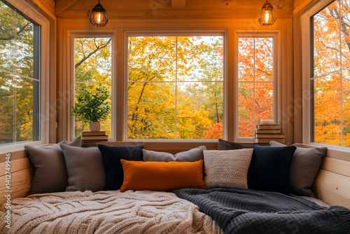 A cozy and warm living room with a sofa and blanket, with a view of the fall foliage.