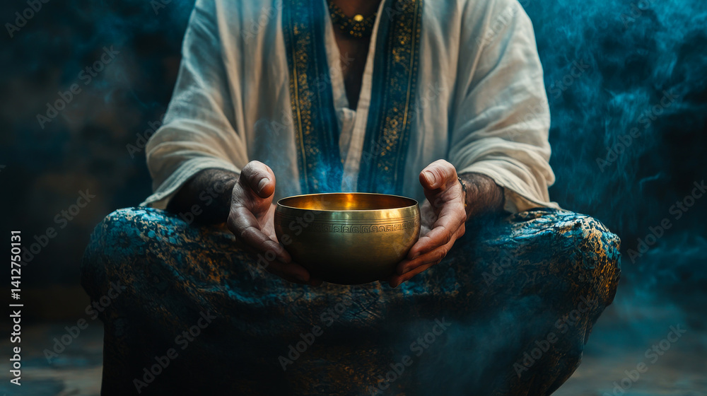 Close up hands playing on Tibetan singing bowl in authentic light. Sound therapy and recreation at spa salon. Meditation singing as healthy lifestyle