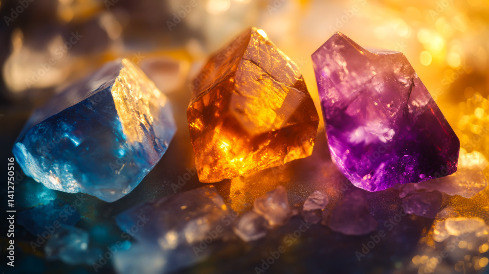 Set of magic healing chakra mineral stones for crystal healing. Natural Colourful stones for cleansing environment from negative energy. Spriritual practices background