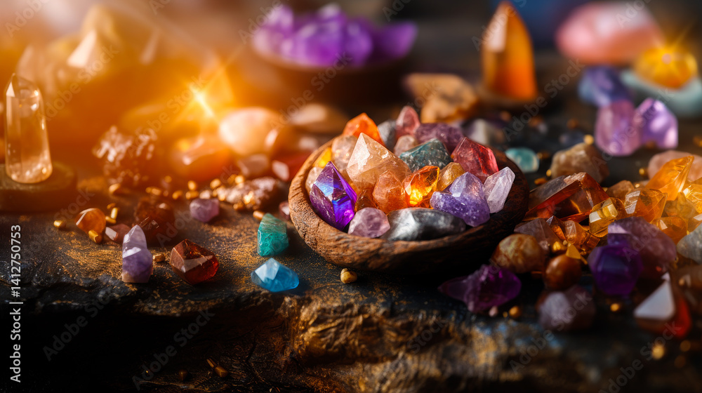 Set of magic healing chakra mineral stones for crystal healing. Natural Colourful stones for cleansing environment from negative energy. Spriritual practices background