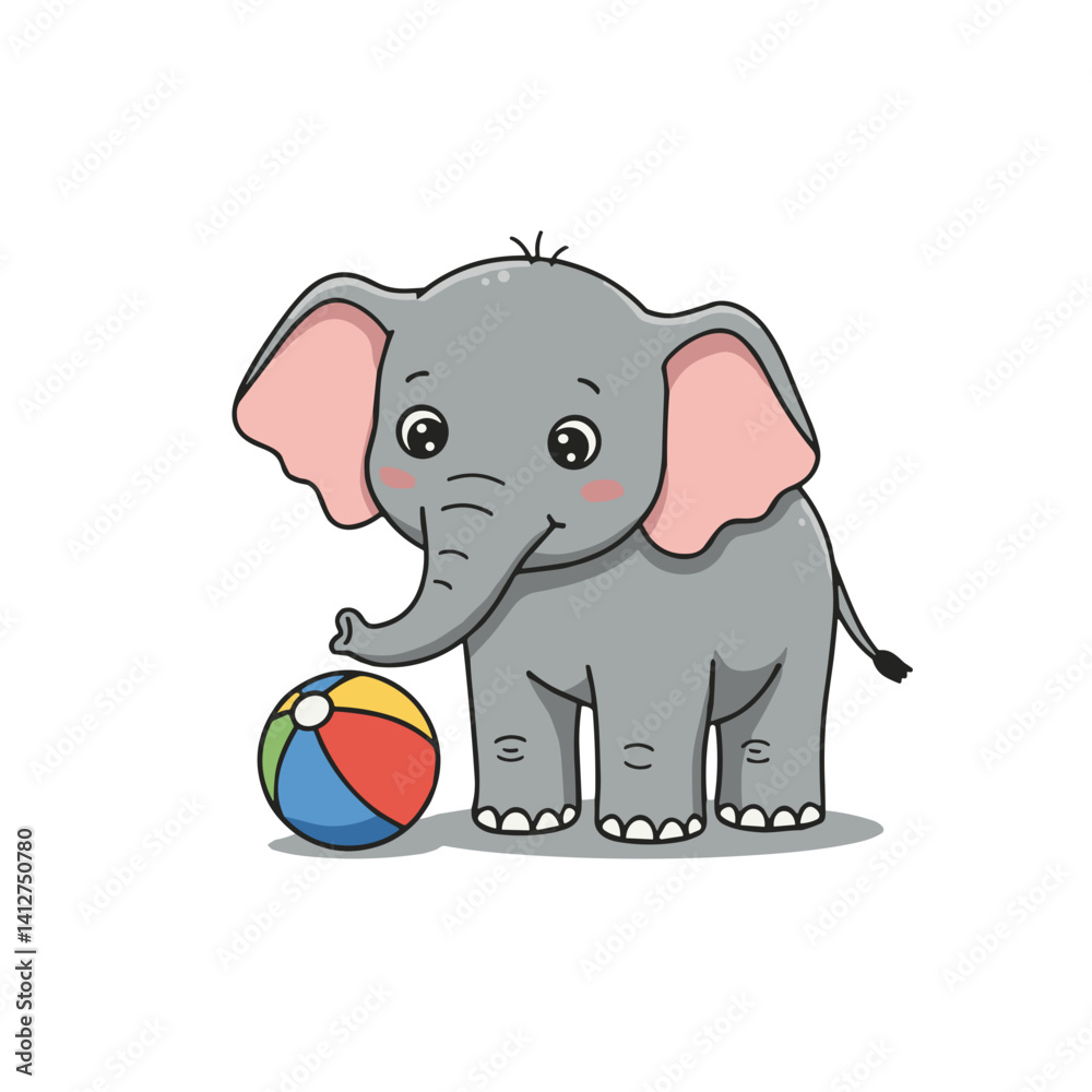 Naklejka premium Playful cartoon baby elephant playing with a ball, symbolizing childhood joy, learning, and development