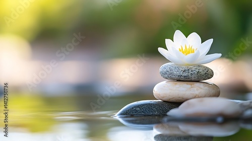 Beautiful white lotus flower resting on smooth stones in tranquil water setting for relaxation and meditation : Generative AI