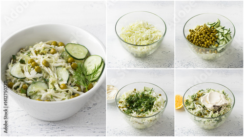 Step-by-step recipe for cabbage salad with cucumber, green peas, herbs, and mayonnaise