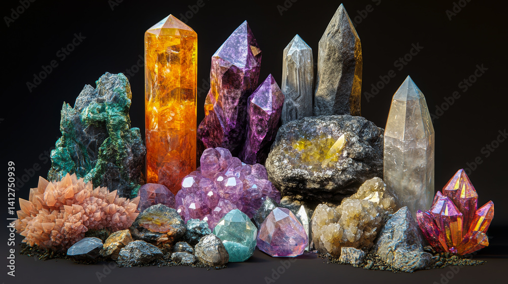 Set of magic healing chakra mineral stones for crystal healing. Natural Colourful stones for cleansing environment from negative energy. Spriritual practices background