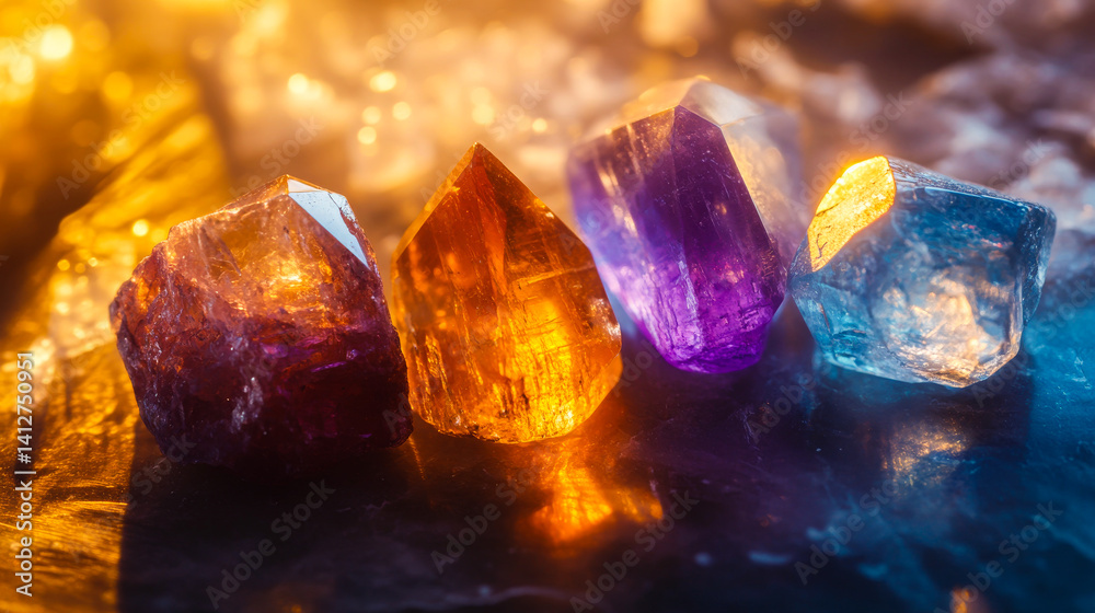 Set of magic healing chakra mineral stones for crystal healing. Natural Colourful stones for cleansing environment from negative energy. Spriritual practices background