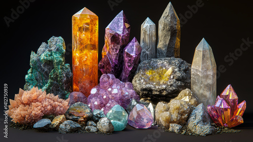 Obraz na płótnie Set of magic healing chakra mineral stones for crystal healing. Natural Colourful stones for cleansing environment from negative energy. Spriritual practices background w salonie
