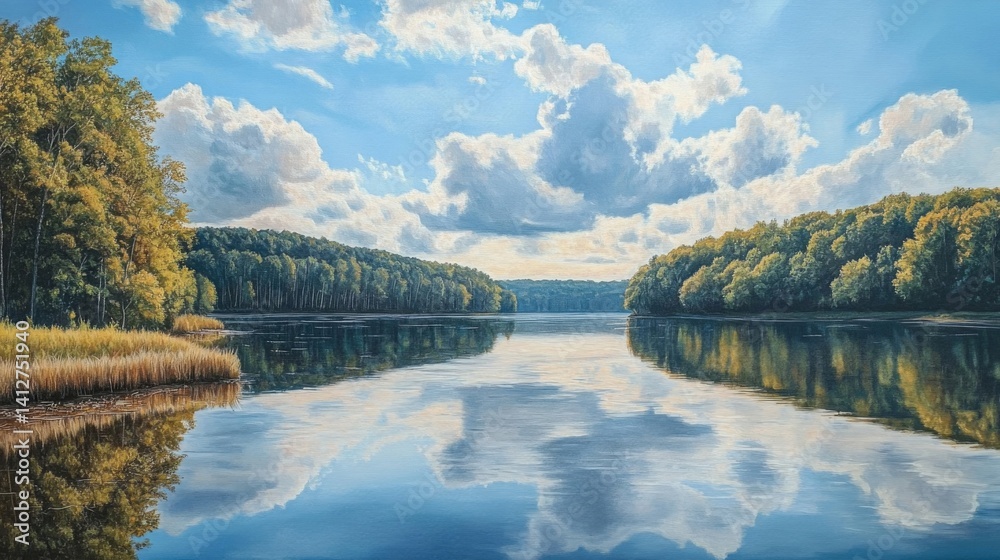 Obraz premium Serene Lake Reflection Under a Sunny Sky