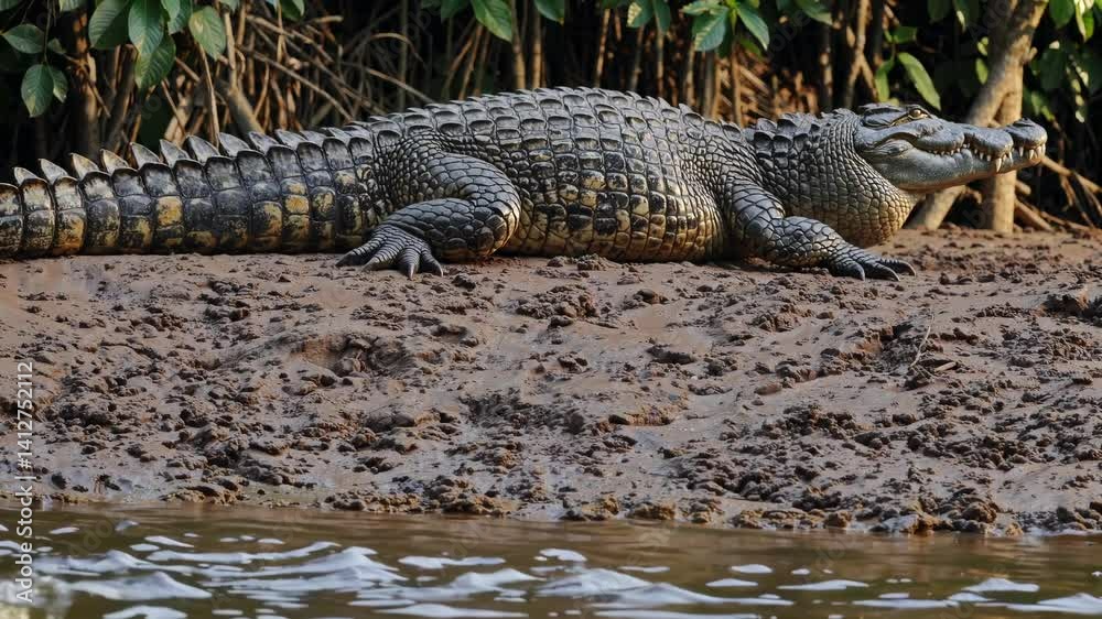 A low-angle shot of a crocodile on a muddy riverbank, showcasing its textured scales. Ideal for wildlife video content or educational purposes. A low-angle shot of a crocodile on a muddy riverbank, showcasing its textured scales. Ideal for wildlife video content or educational purposes.