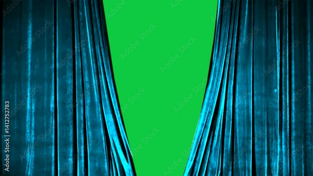 A stunning blue velvet theater curtain with dramatic movement. Ideal for cinematic or performance projects. Green screen backdrop for easy compositing in video production.