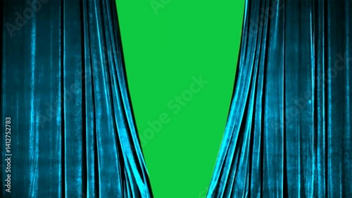 A stunning blue velvet theater curtain with dramatic movement. Ideal for cinematic or performance projects. Green screen backdrop for easy compositing in video production.