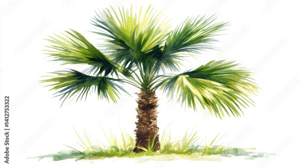 Watercolor Painting of a Lush Green Palm Tree Watercolor Painting of a Lush Green Palm Tree