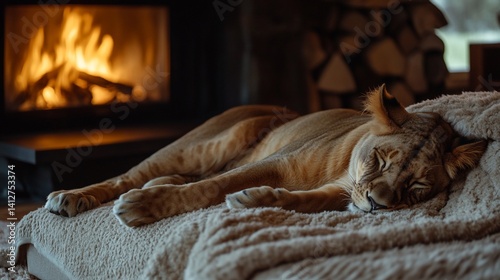 Majestic Lioness Sleeping Peacefully by a Cozy Fireplace in a Luxurious Home