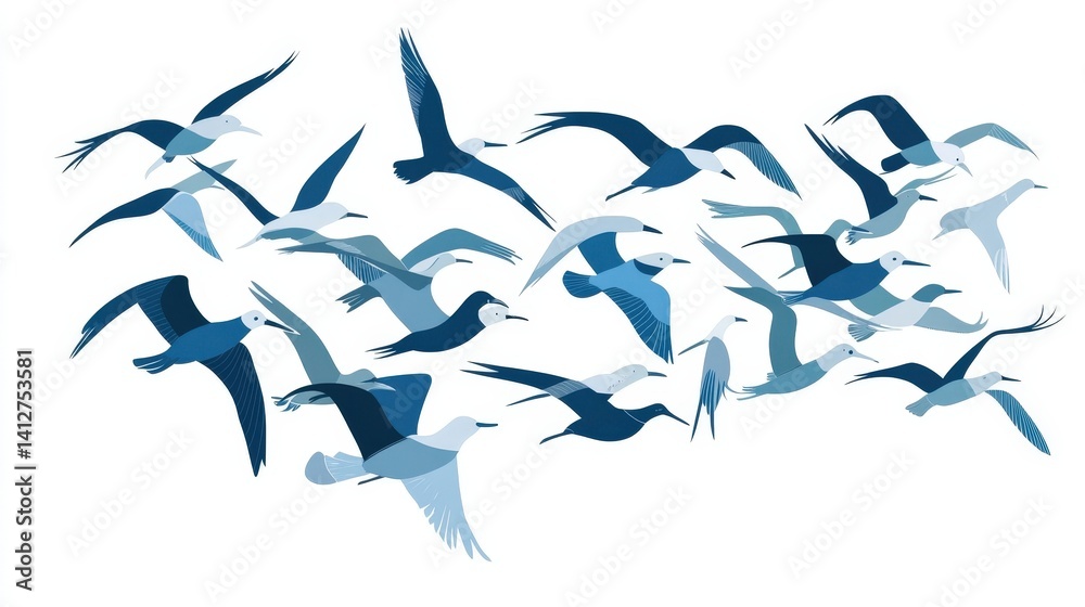 Obraz premium A graceful flock of birds soars through a bright blue sky, their wings outstretched against the backdrop of fluffy white clouds, creating a stunning display of nature's beauty.