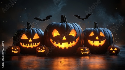 Spooky Halloween Pumpkins with Glowing Faces and Bats in Night Sky