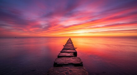 Leinwandbilder Purpur Serene Sunset Pathway - A tranquil scene of a stone path extending into a vibrant sunset over calm water. Peaceful and serene  © AI Photo Stock