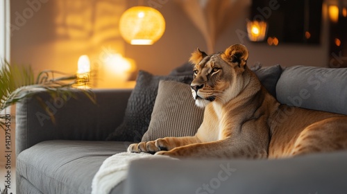 Majestic lioness resting comfortably on a modern sofa at home