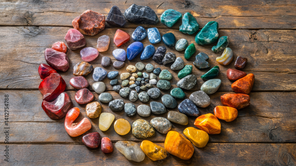 Set of healing chakra mineral stones for crystal healing. Natural Colourful stones for cleansing environment from negative energy, adding positive vibes. Spriritual practices flat lay