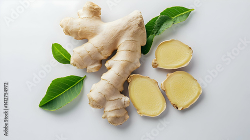 Obraz na płótnie Fresh Ginger Root With Leaves And Slices On White Background w salonie