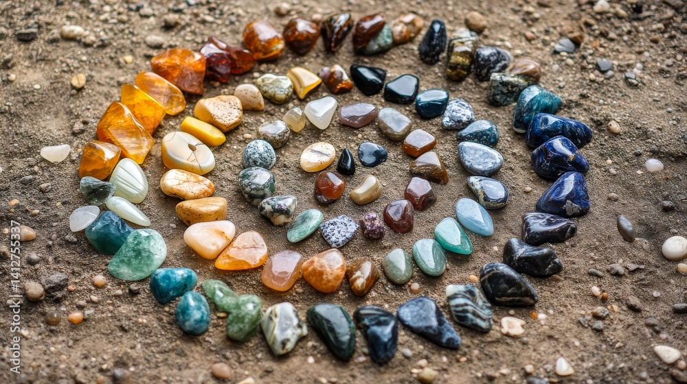 Set of healing chakra mineral stones for crystal healing. Natural Colourful stones for cleansing environment from negative energy, adding positive vibes. Spriritual practices flat lay