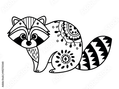 Coloring book for children. Cute raccoon in zentangle style. Tasks for children can be used in a book, magazine. Vector illustration