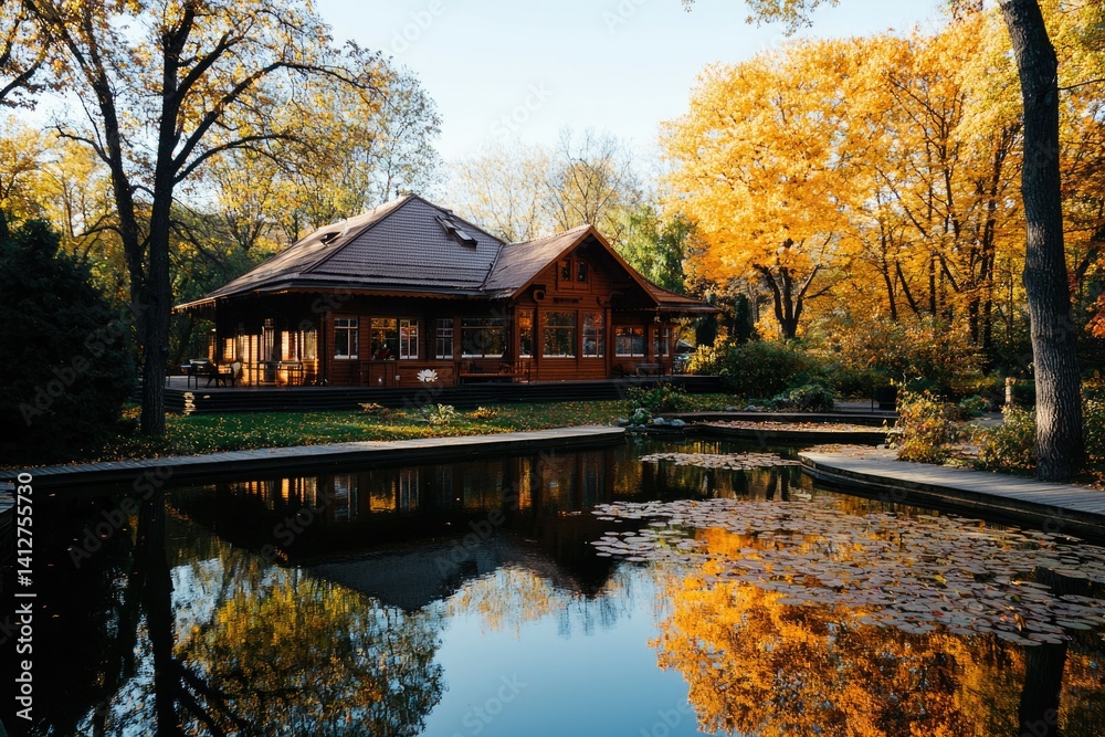 Fototapeta premium Autumnal House by a Pond