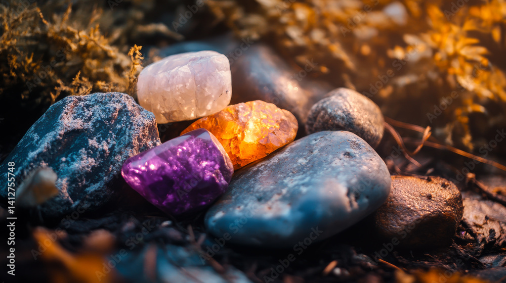 Set of healing chakra mineral stones for crystal healing. Natural Colourful stones for cleansing environment from negative energy, adding positive vibes. Spriritual practices flat lay