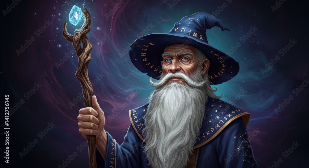 Fototapeta premium Wise Old Wizard with Staff - A portrait of a wise, elderly wizard with a long white beard, wearing a blue robe and pointed hat, holding a magical staff