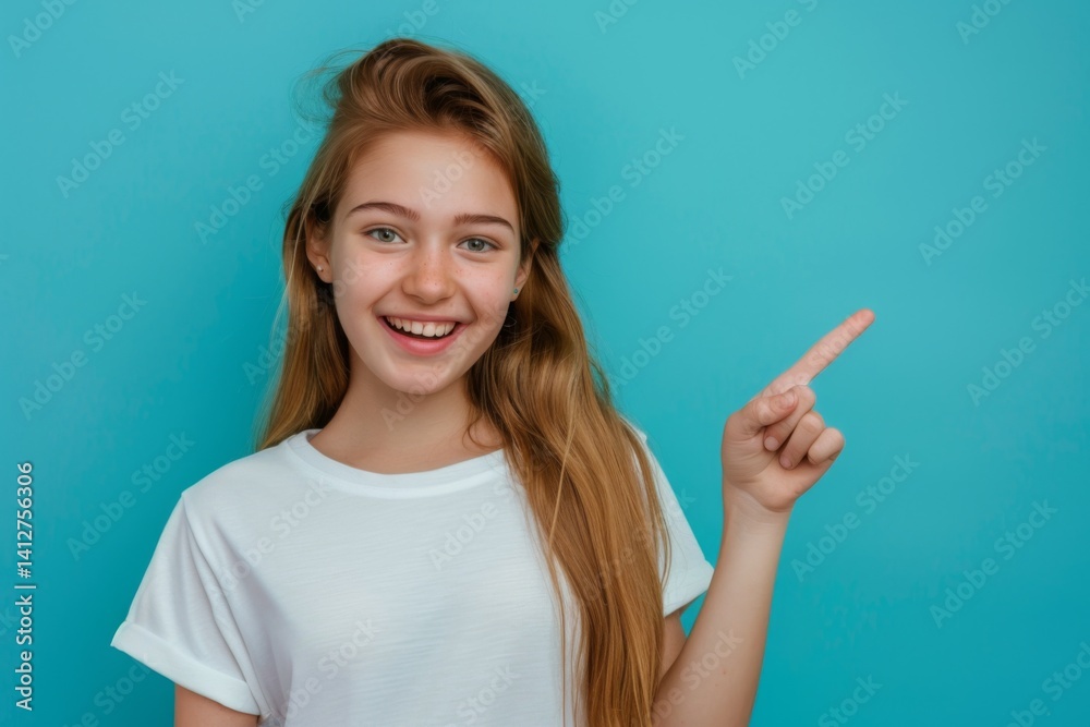 Close up portrait of kid point the finger her teeth, attractive lovely healthy girl isolated on blue background Close up portrait of kid point the finger her teeth, attractive lovely healthy girl isolated on blue background