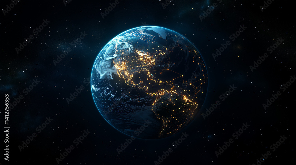 Fototapeta premium 宇宙空間に浮かぶネットワークでつながるデジタル地球