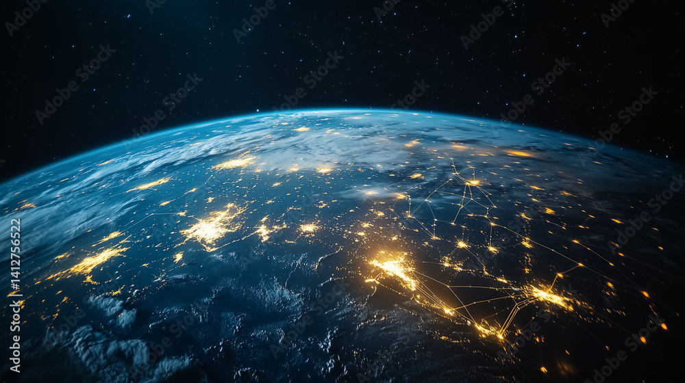 Obraz premium 宇宙空間に浮かぶネットワークでつながるデジタル地球