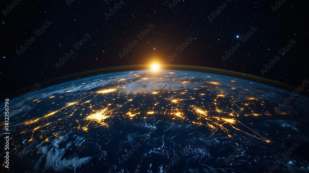 Obraz premium 宇宙空間に浮かぶネットワークでつながるデジタル地球