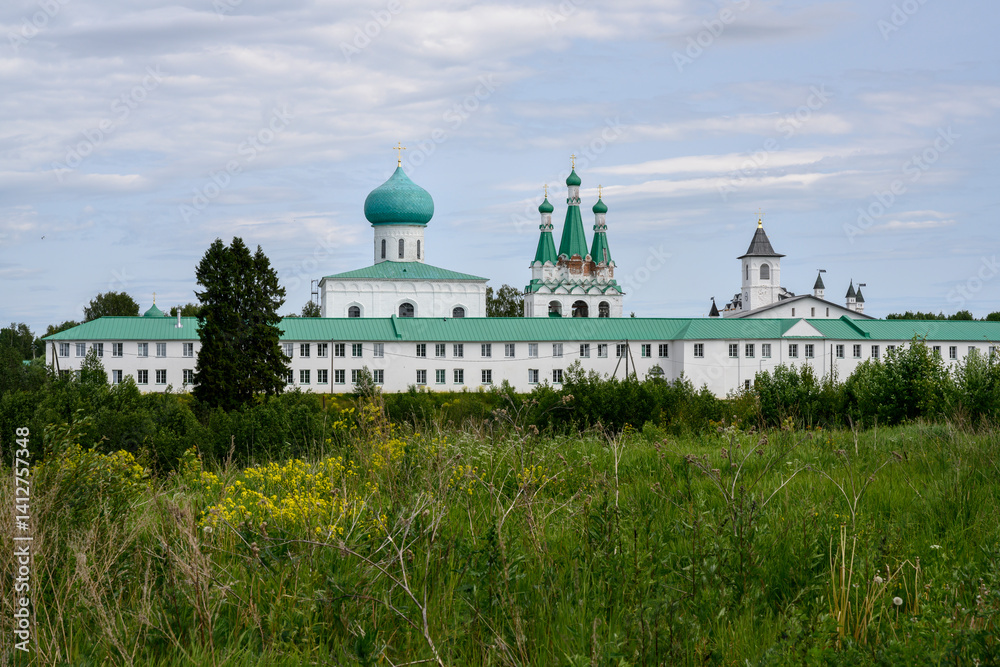 Fototapeta premium View of medieval cathedrals and churches of the Alexander Svirsky Monastery of 15th century in Karelia