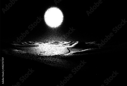 Alien planet landscape in retro dotwork style. Planets and satellites over unknown planet in space. Sci-fi world landscape beyond our galaxy.