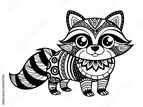 Coloring book for children. Cute raccoon in zentangle style. Tasks for children can be used in a book, magazine. Vector illustration