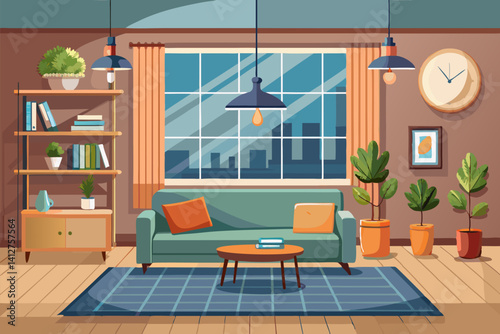 Cozy modern living room illustration with large windows, green walls, and stylish furniture