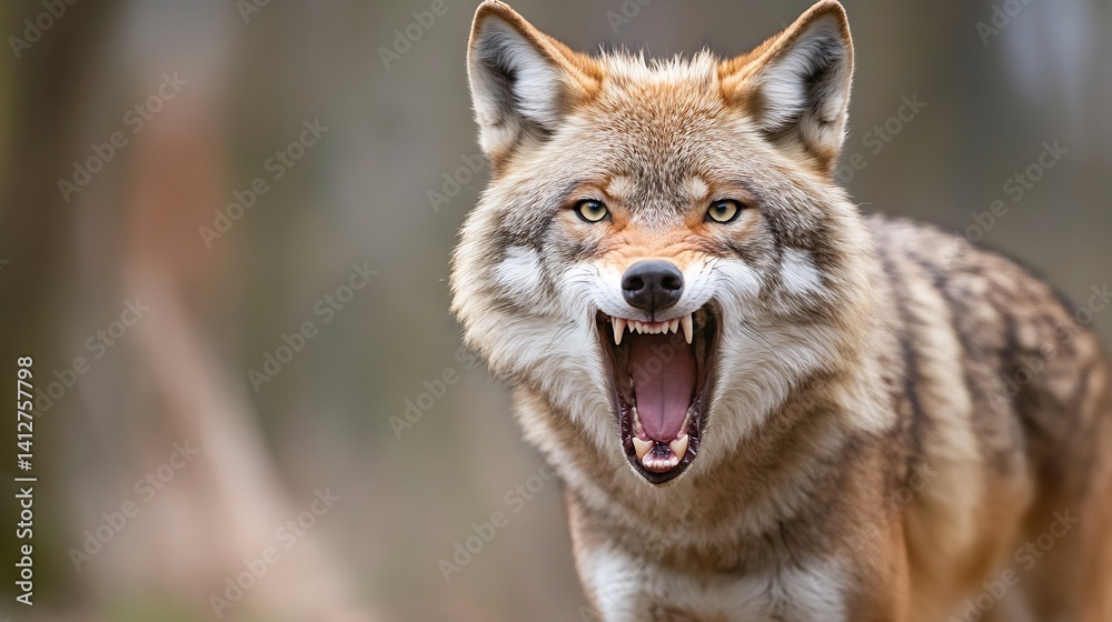 Fototapeta premium Fierce Coyote with Open Mouth Displaying Teeth in Natural Habitat : Generative AI