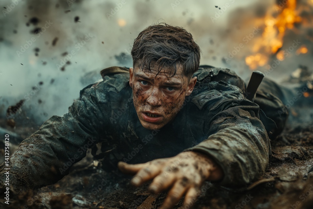 Fototapeta premium Wounded soldier crawling on muddy battlefield reaching out for help