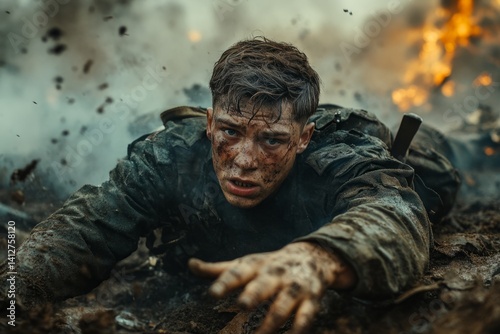 Wounded soldier crawling on muddy battlefield reaching out for help