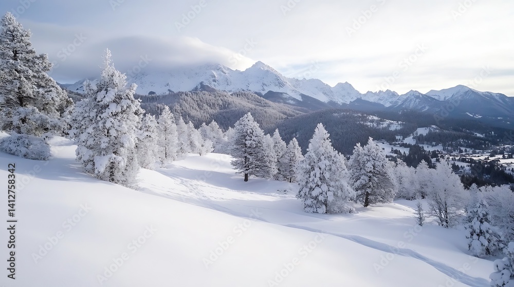 Obraz premium Winter Wonderland Landscape with Snow Covered Mountains and Pine Trees : Generative AI