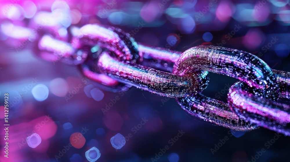 A chain with a purple link is shown in a blurry image A chain with a purple link is shown in a blurry image